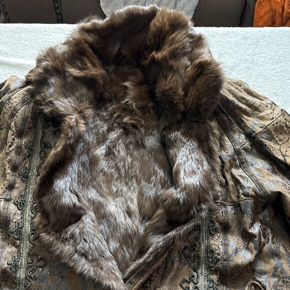 Vintage Talenti Italy Shearling Coat Brown Embossed Leather Fur Trim M-L - Picture 8 of 16